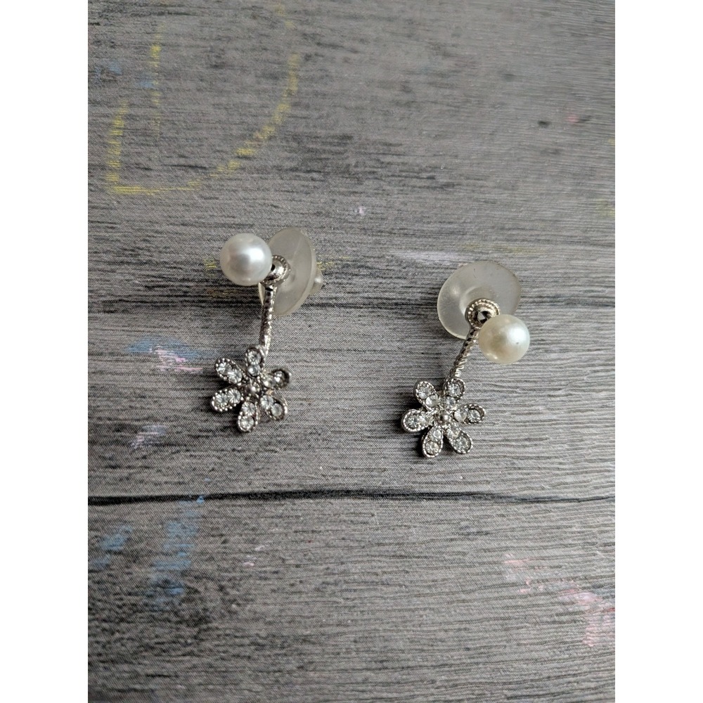Silver Tone Faux Pearl Crystal Flower Drop Earrings Floral Dainty Front Back